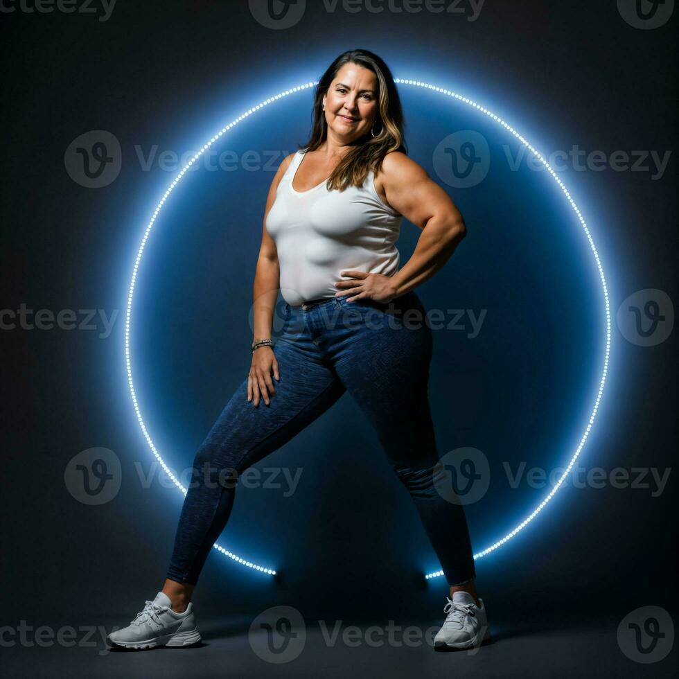 foto van midden- oud oud vrouw met blauw licht Aan zwart achtergrond, generatief ai