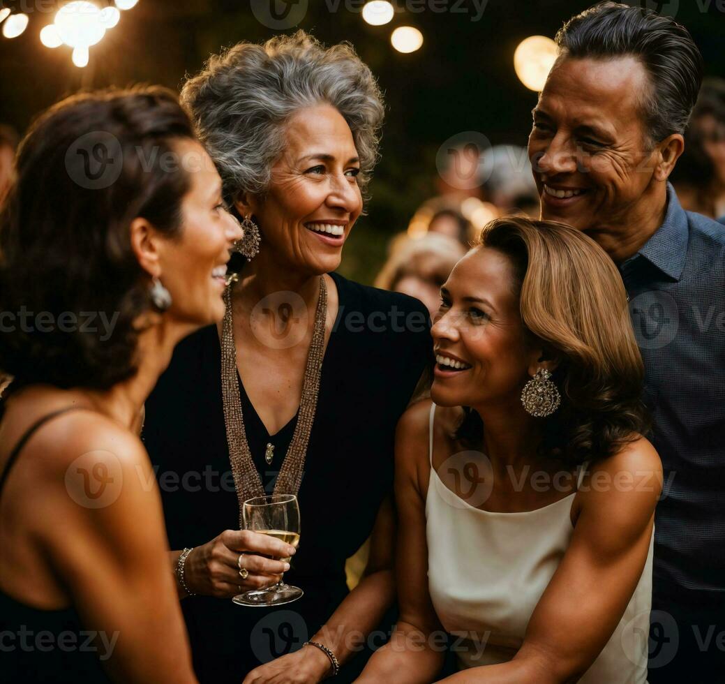 groep van gelukkig midden- oud oud vrouw Bij de nacht partij, generatief ai foto