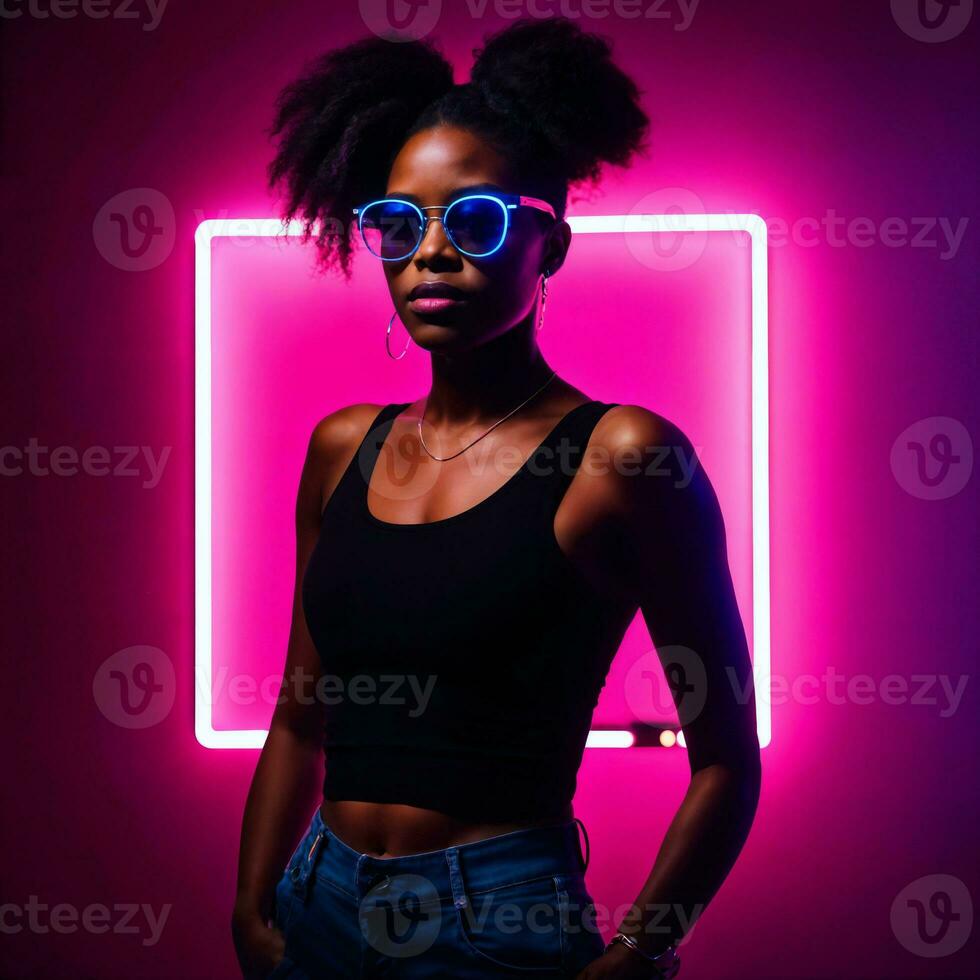 foto van mooi Afrikaanse vrouw met met gemengd roze en blauw neon licht, generatief ai