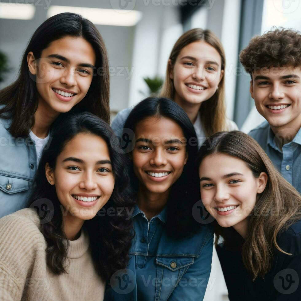 groep van gelukkig jong tiener- Bij de werken kantoor ruimte, generatief ai foto