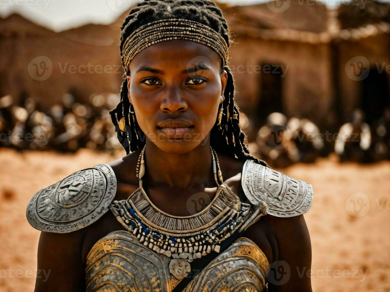 foto van Afrikaanse vrouw tribal krijgers met schild, generatief ai