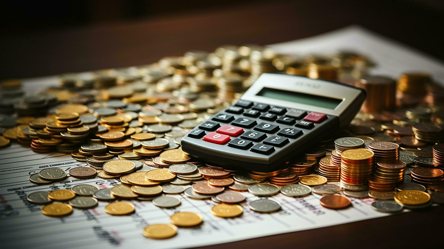 fotorealistisch van rekenmachine, geld en papier met grafisch tabel Aan tafel ai generatief foto