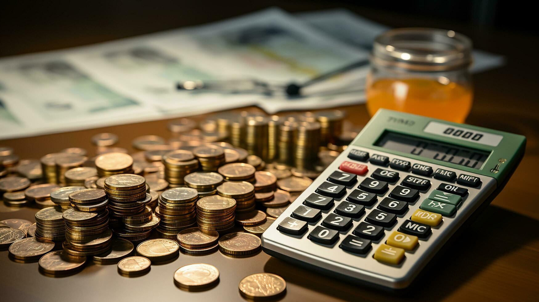 fotorealistisch van rekenmachine, geld en papier met grafisch tabel Aan tafel ai generatief foto