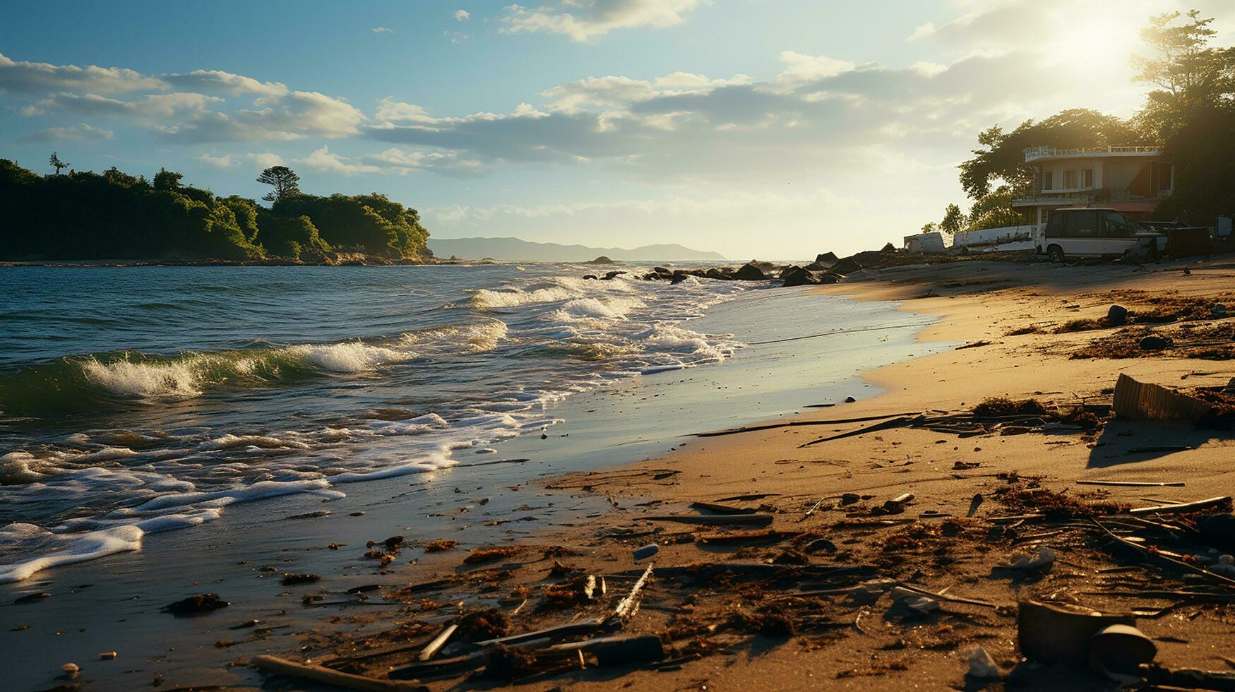 fotorealistisch van vuil strand Bij middag met zo veel vuilnis ai gegenereerd foto