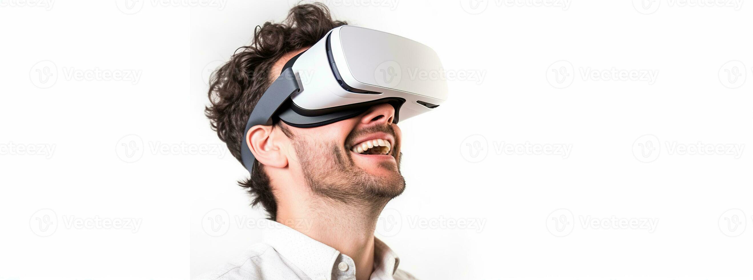 illustratie van een persoon vervelend een virtueel realiteit vr koptelefoon, ai gegenereerd. foto