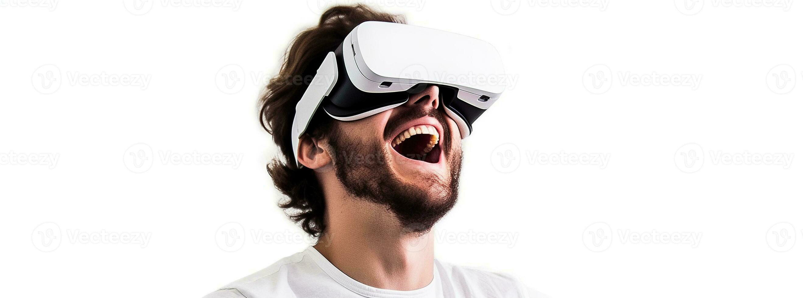 illustratie van een persoon vervelend een virtueel realiteit vr koptelefoon, ai gegenereerd. foto