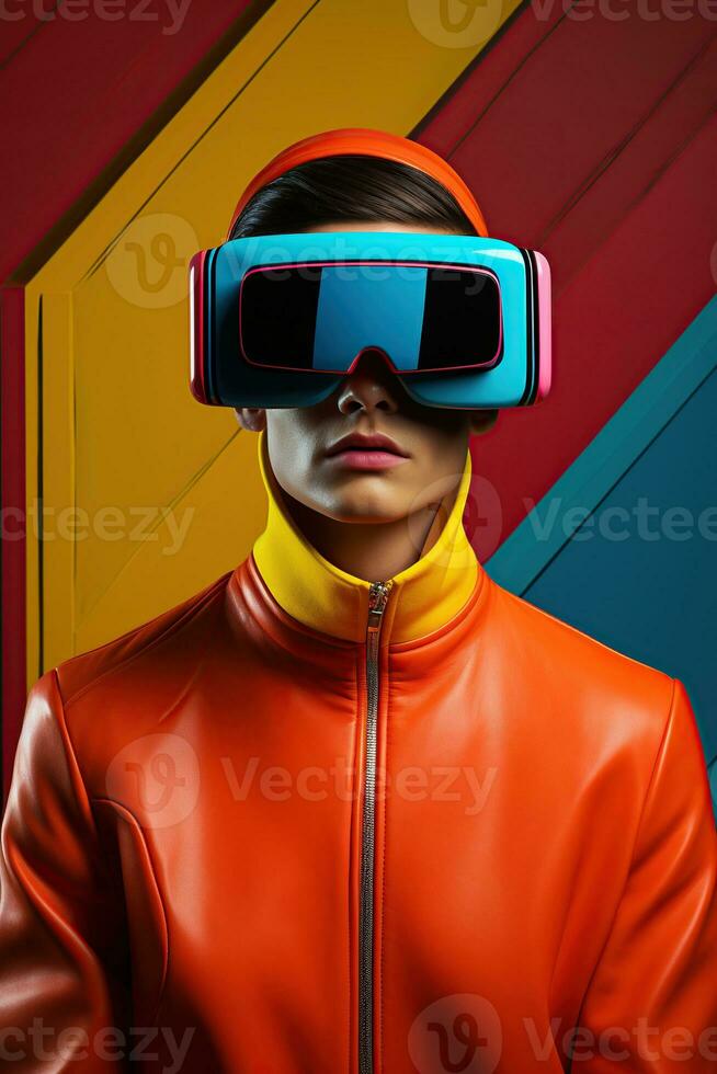 illustratie van een mode portret vervelend een virtueel realiteit vr hoofdtelefoon. ai gegenereerd. foto