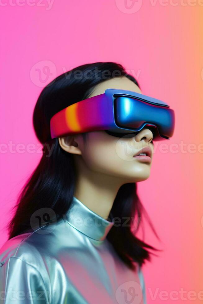 illustratie van een mode portret vervelend een virtueel realiteit vr hoofdtelefoon. ai gegenereerd. foto