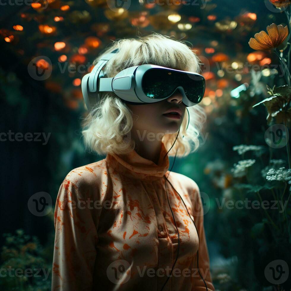 illustratie van een persoon vervelend een virtueel realiteit vr koptelefoon, ai gegenereerd. foto