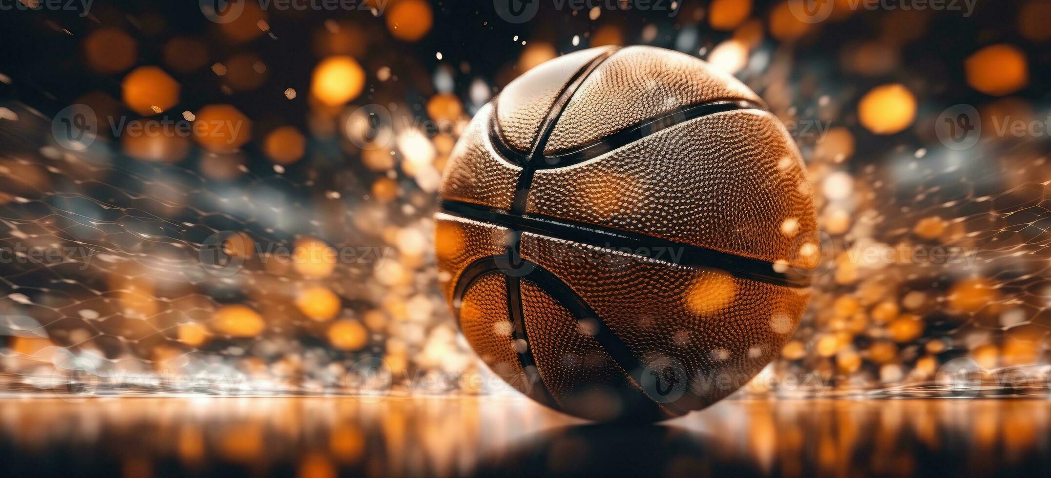 detailopname visie van gloeiend basketbal bal Aan nat verdieping en 3d rechtbank. generatief ai foto