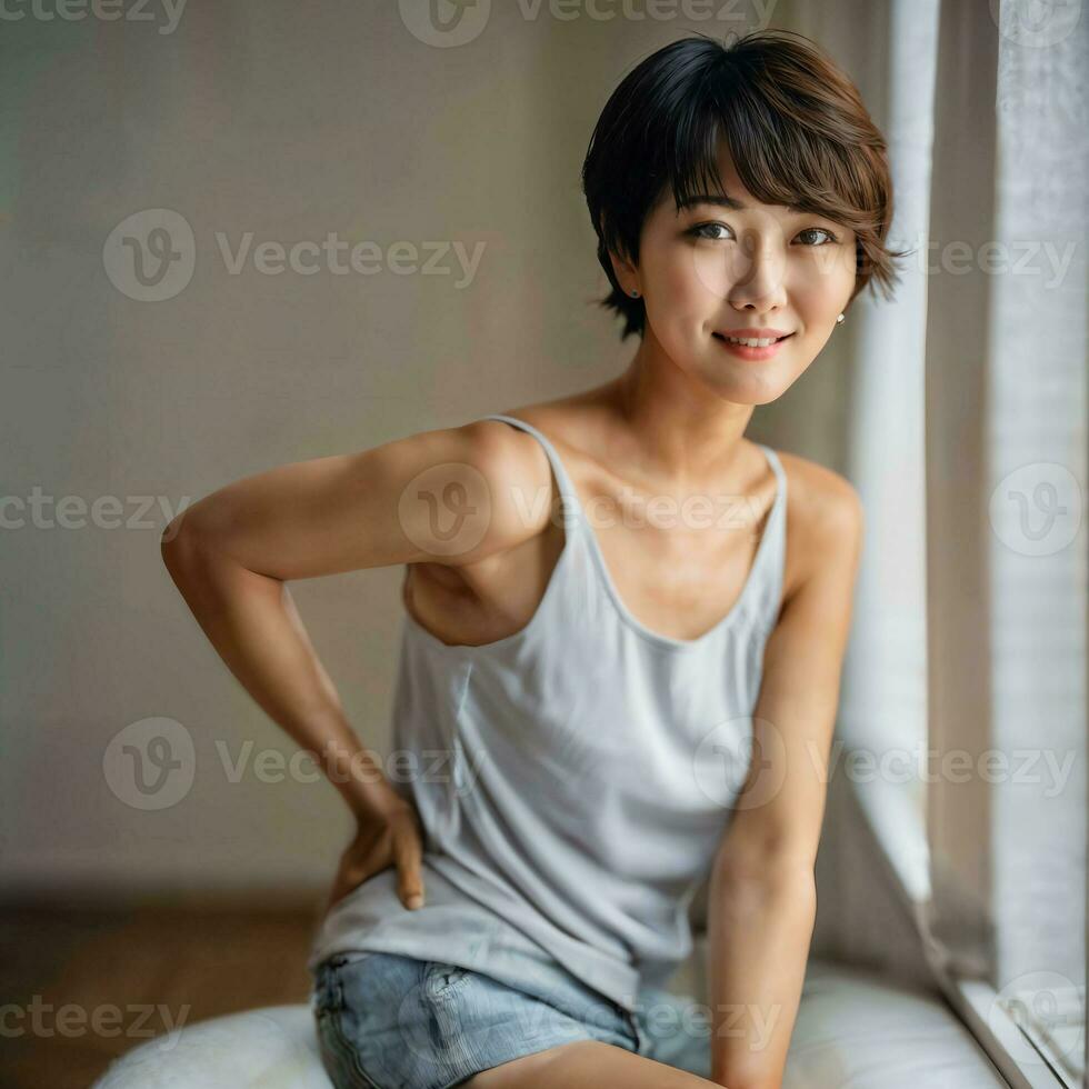 foto van mooi Japans Aziatisch vrouw met kort haar, generatief ai