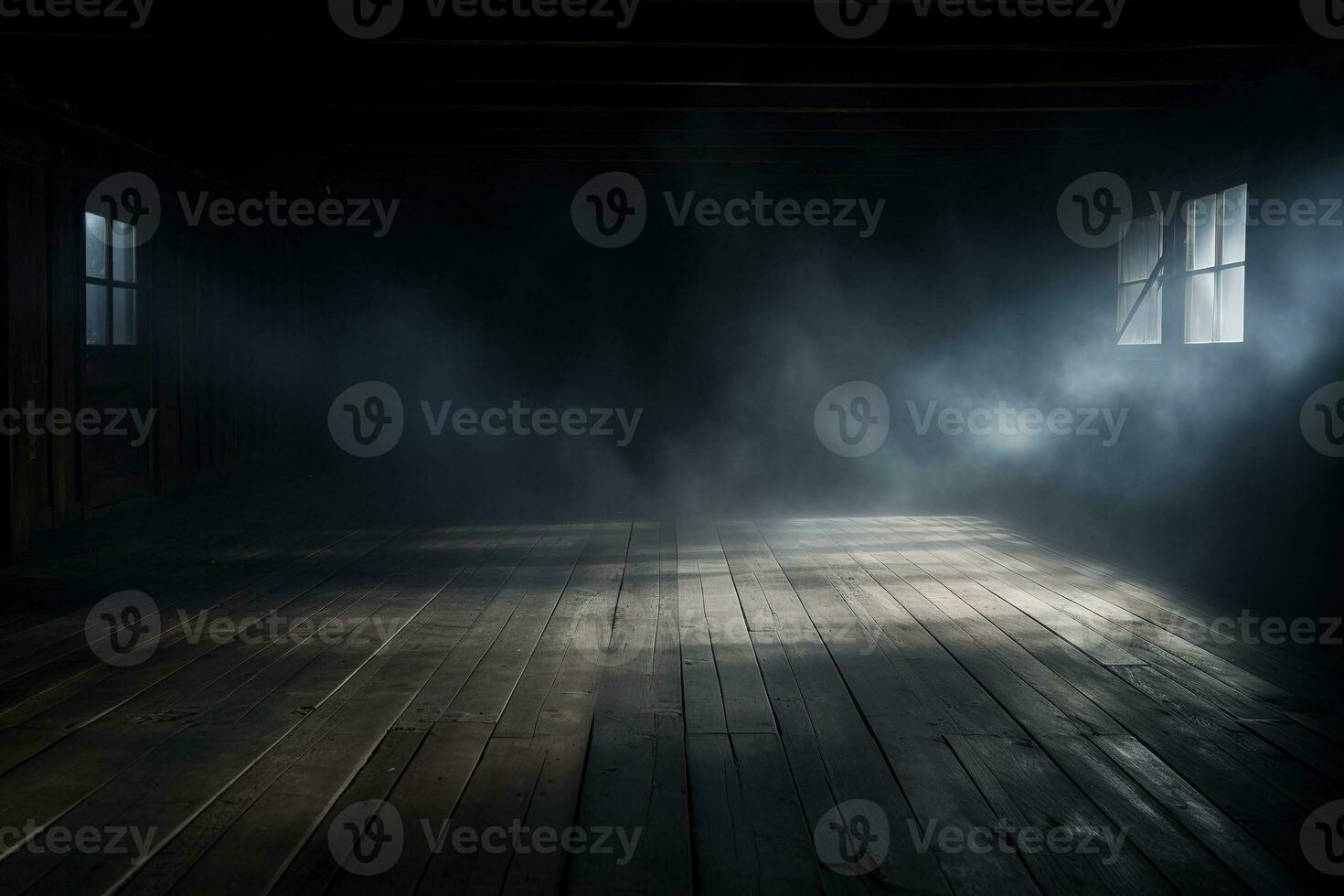 onscherp achtergrond van mist in duisternis, rook, en de nevel Aan een houten vloer. abstract en humeurig halloween achtergrond. generatief ai foto