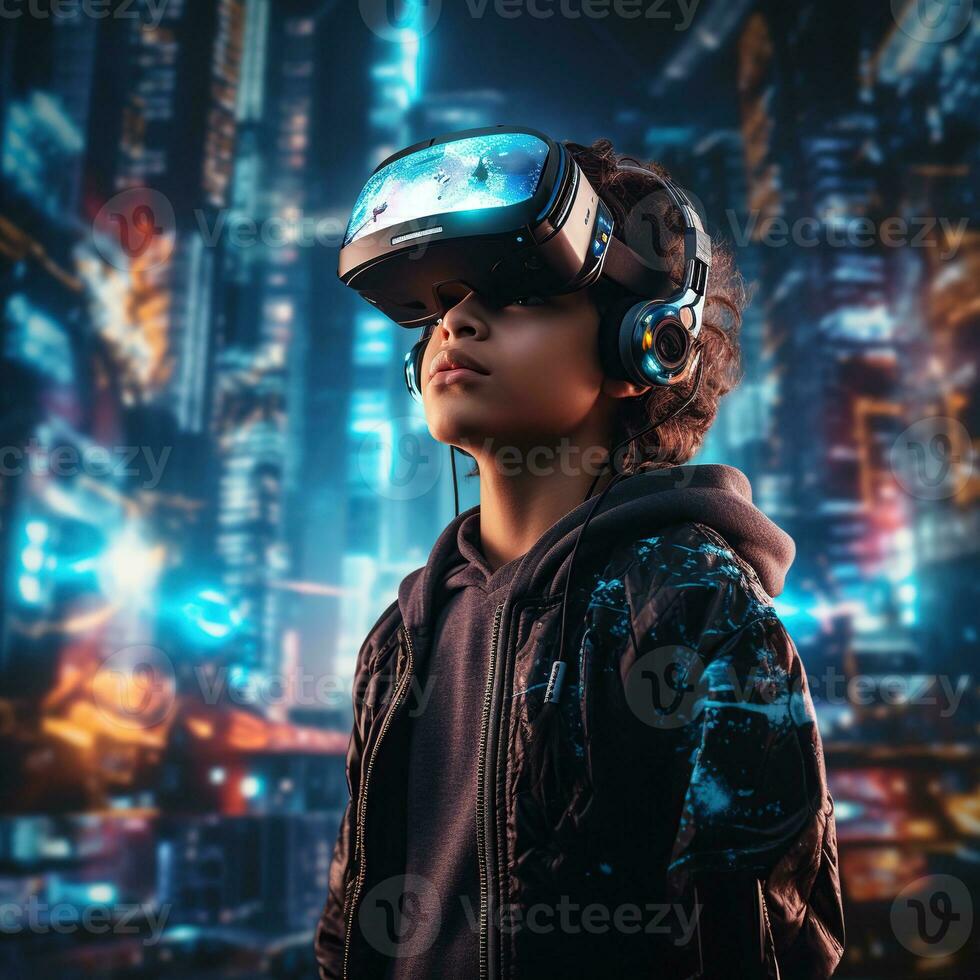 illustratie van een persoon vervelend een virtueel realiteit vr koptelefoon, ai gegenereerd. foto