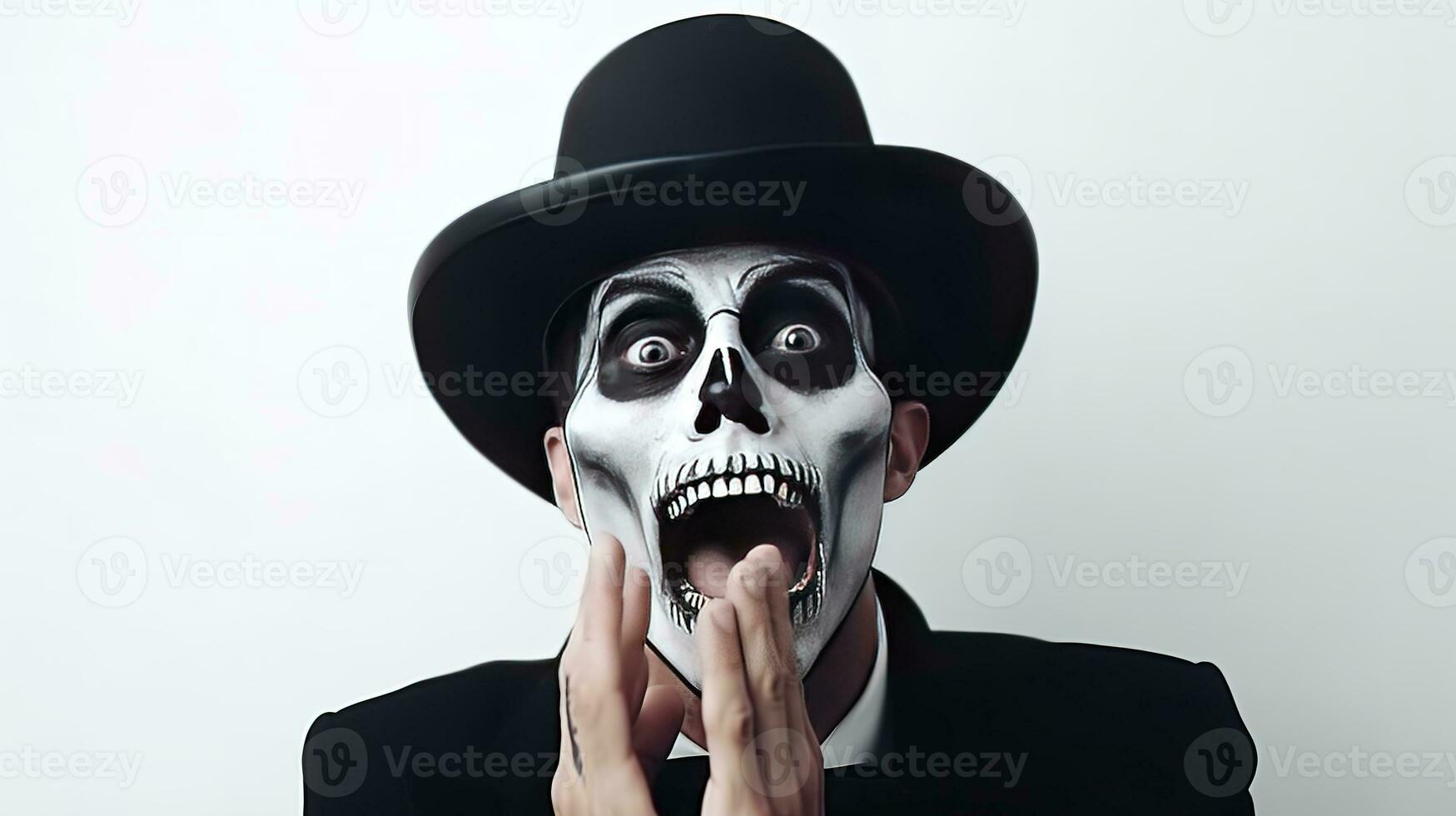 een geschokt Mens in halloween bedenken en kostuum grijpt zijn gezicht in schrik. Mens in zwart hoed, pak en schedel bedenken opent zijn ogen en mond breed in angst Aan wit achtergrond. generatief ai foto