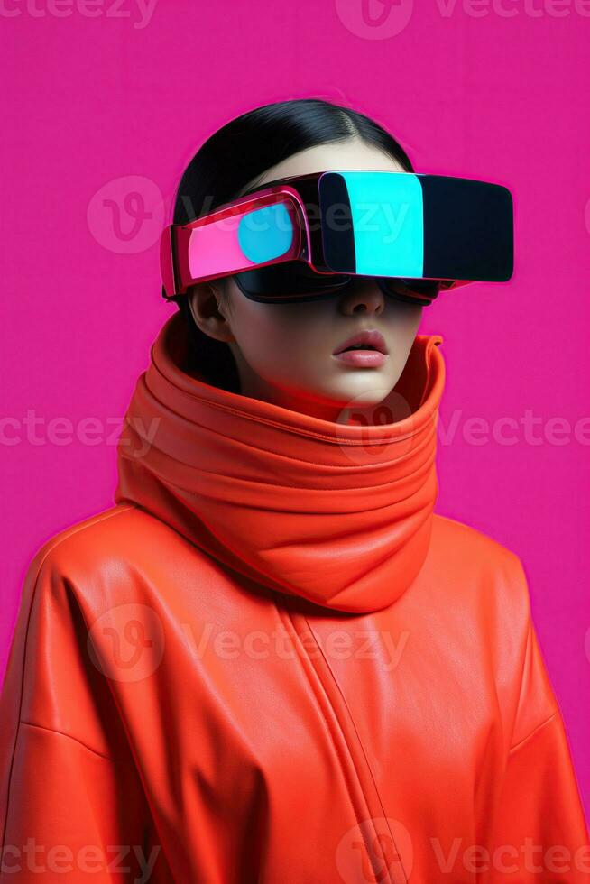 illustratie van een mode portret vervelend een virtueel realiteit vr hoofdtelefoon. ai gegenereerd. foto