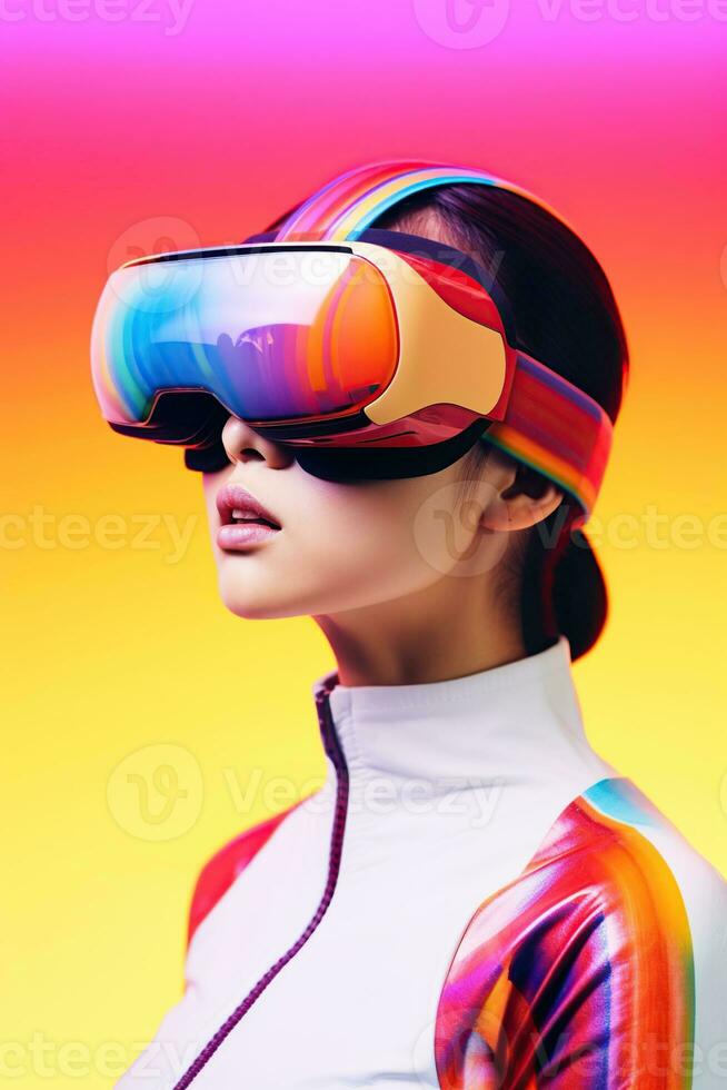 illustratie van een mode portret vervelend een virtueel realiteit vr hoofdtelefoon. ai gegenereerd. foto