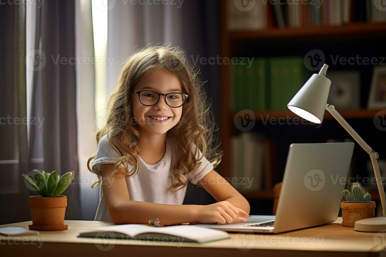 gelukkig kind en volwassen zijn zittend Bij bureau. meisje aan het doen huiswerk of online onderwijs. generatief ai foto