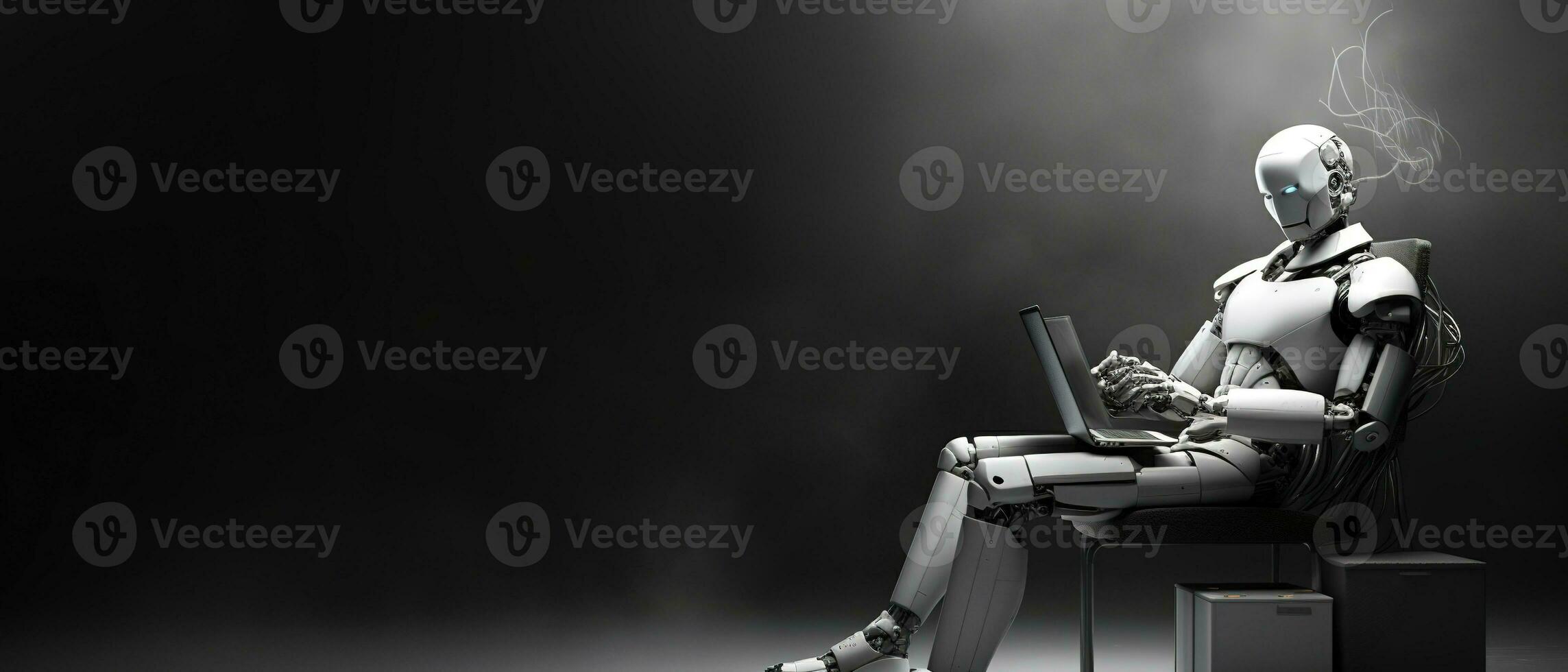 ai robot zittend naar beneden Holding een aktentas aan het wachten voor een baan interview. generatief ai foto
