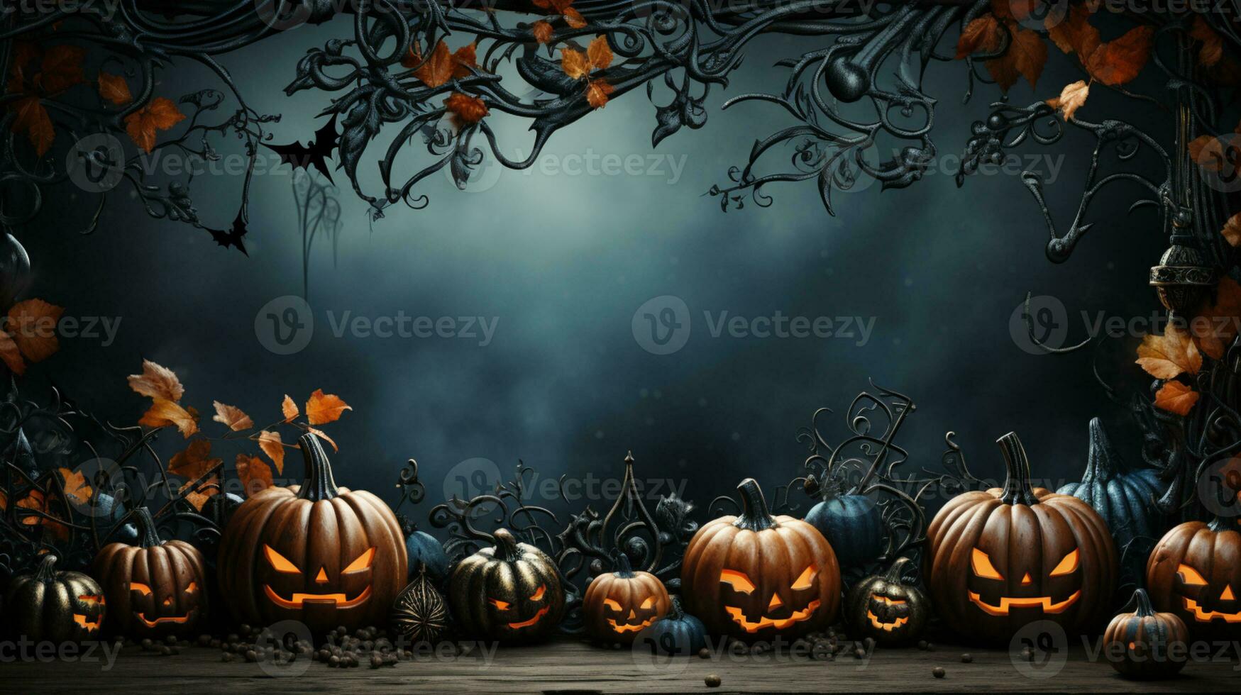 lief halloween achtergrond met pompoenen, vleermuizen, spinnen en Purper herfst bladeren en ruimte voor tekst. generatief ai, foto