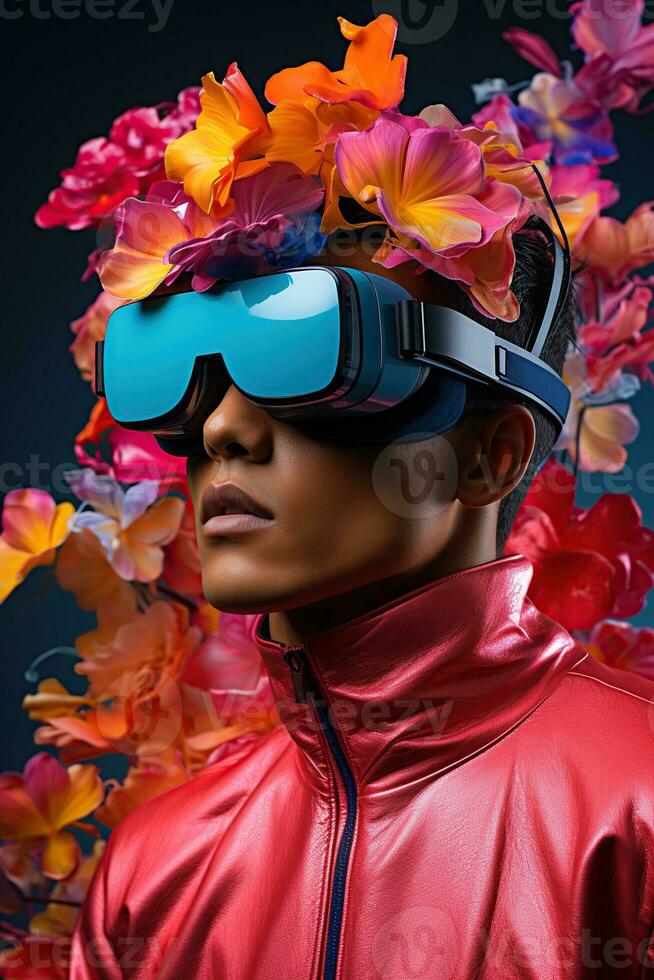 illustratie van een mode portret vervelend een virtueel realiteit vr hoofdtelefoon. ai gegenereerd. foto