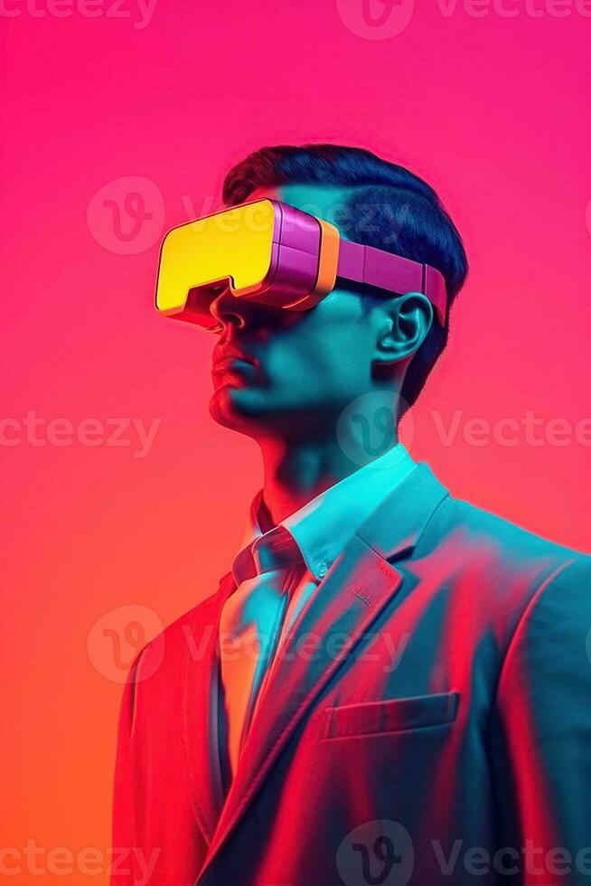 illustratie van een mode portret vervelend een virtueel realiteit vr hoofdtelefoon. ai gegenereerd. foto