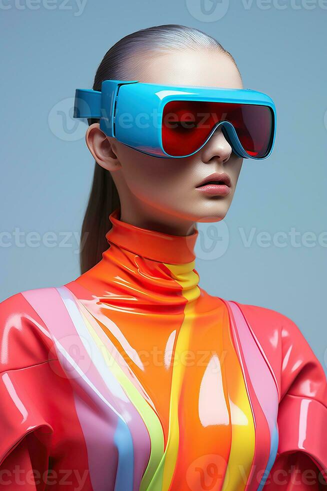 illustratie van een mode portret vervelend een virtueel realiteit vr hoofdtelefoon.,, ai gegenereerd. foto