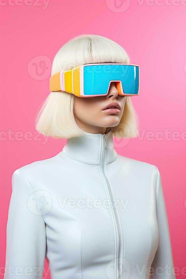 illustratie van een mode portret vervelend een virtueel realiteit vr hoofdtelefoon.,, ai gegenereerd. foto