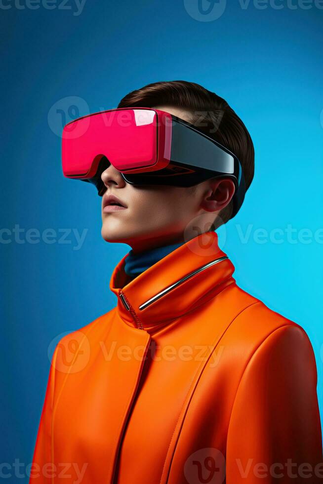 illustratie van een mode portret vervelend een virtueel realiteit vr hoofdtelefoon. ai gegenereerd. foto