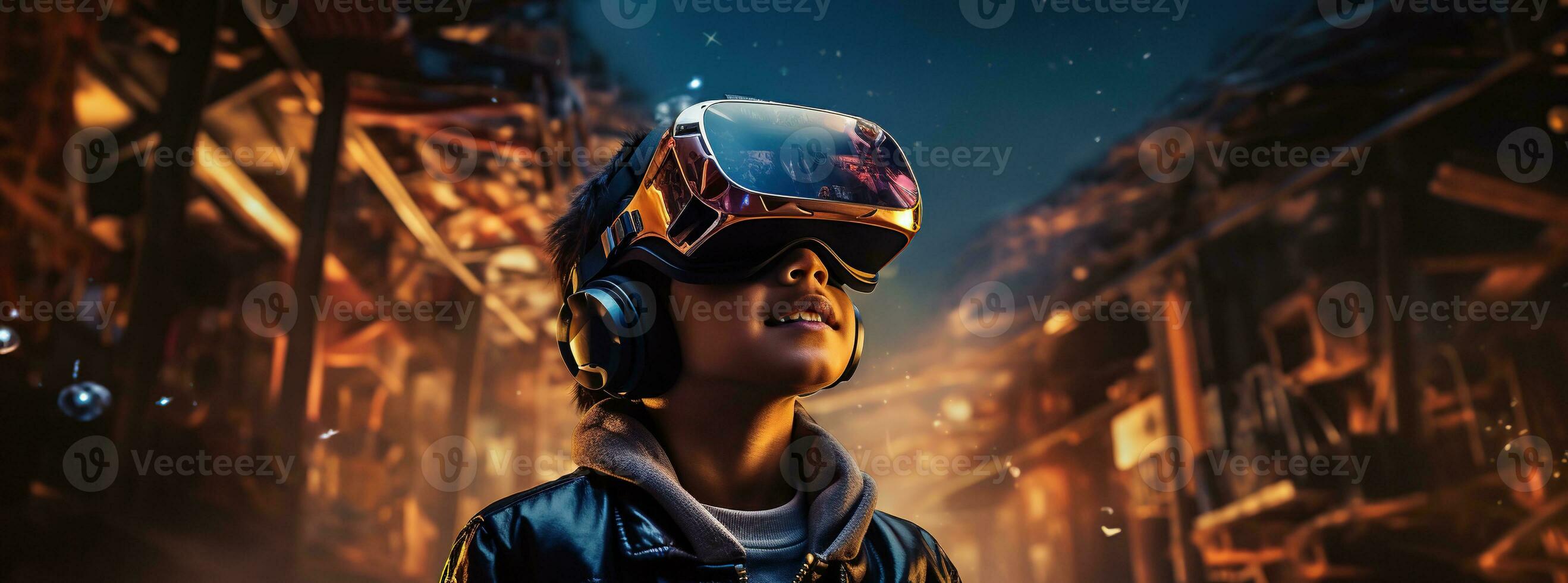 illustratie van een persoon vervelend een virtueel realiteit vr koptelefoon, ai gegenereerd. foto