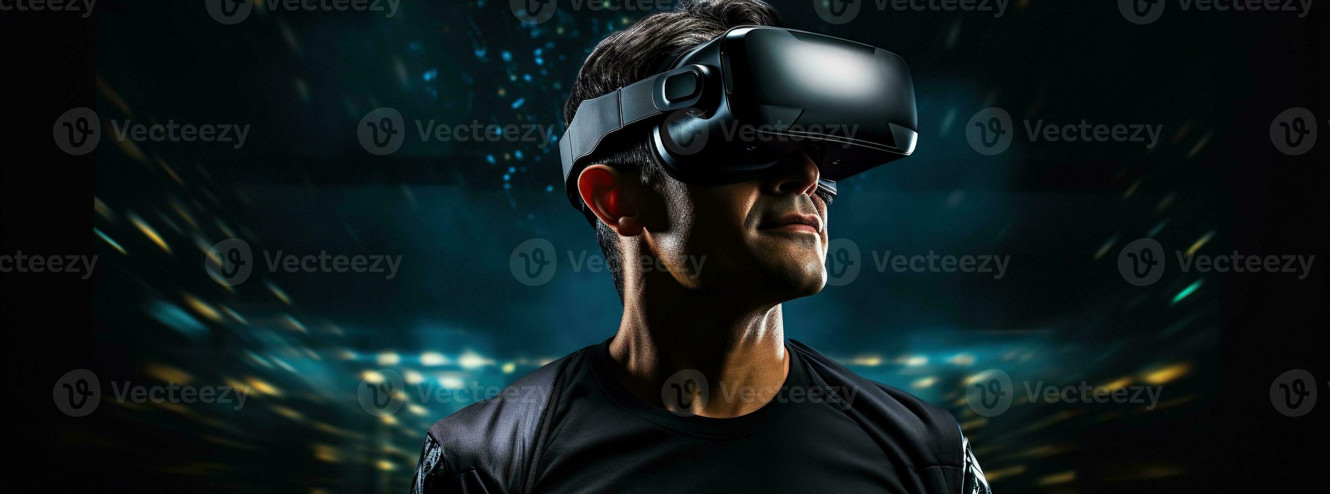 illustratie van een persoon vervelend een virtueel realiteit vr koptelefoon, ai gegenereerd. foto