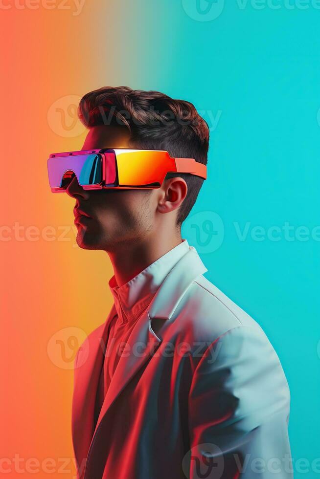 illustratie van een mode portret vervelend een virtueel realiteit vr hoofdtelefoon. ai gegenereerd. foto