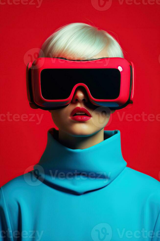 illustratie van een mode portret vervelend een virtueel realiteit vr hoofdtelefoon. ai gegenereerd. foto