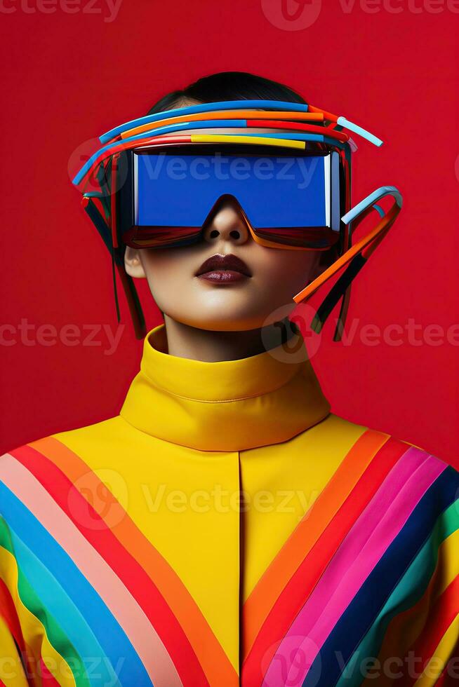 illustratie van een mode portret vervelend een virtueel realiteit vr hoofdtelefoon. ai gegenereerd. foto