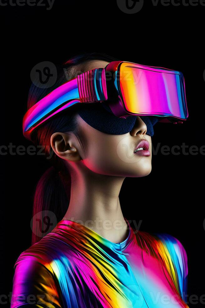 illustratie van een mode portret vervelend een virtueel realiteit vr hoofdtelefoon.,, ai gegenereerd. foto