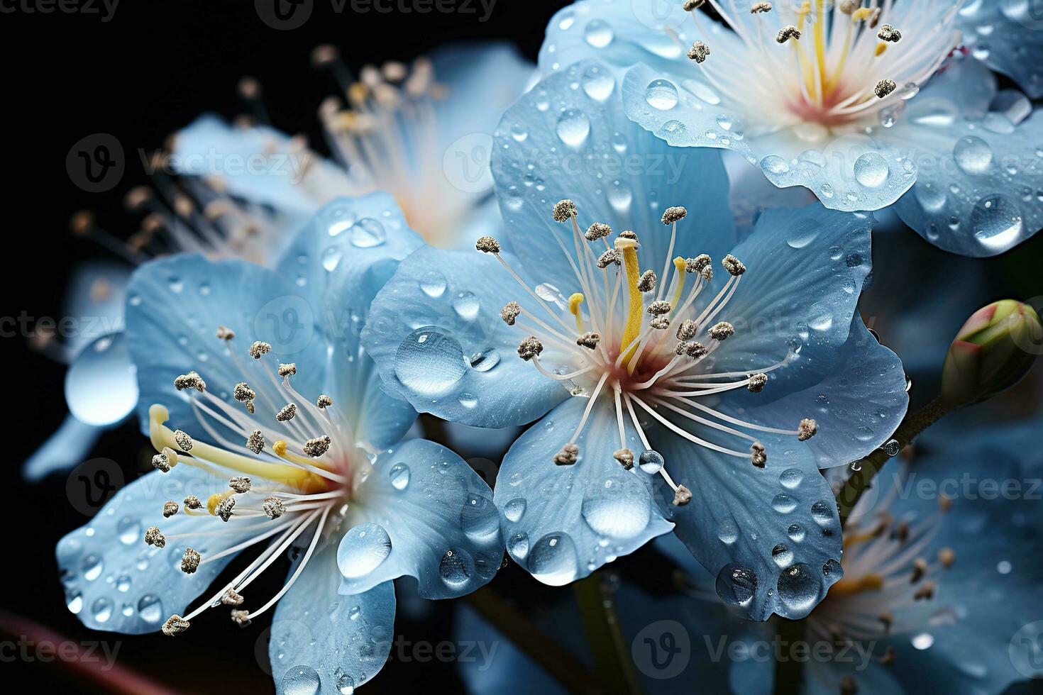 dichtbij omhoog van blauw bloemen met druppels van water Aan donker achtergrond. mooi macro foto. kleurrijk bloemen. generatief ai foto