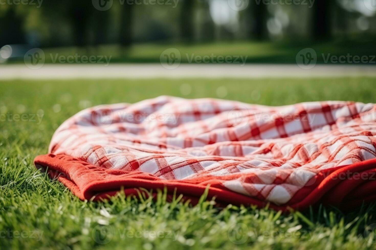 rood en wit plaid picknick deken Aan top van een groen veld- in zonnig dag Aan gras van gazon in zomer park. wazig achtergrond. generatief ai foto