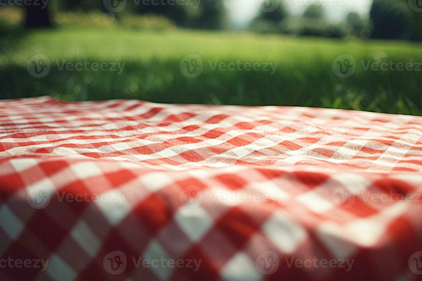 rood en wit plaid picknick deken Aan top van een groen veld- in zonnig dag Aan gras van gazon in zomer park. wazig achtergrond. generatief ai foto