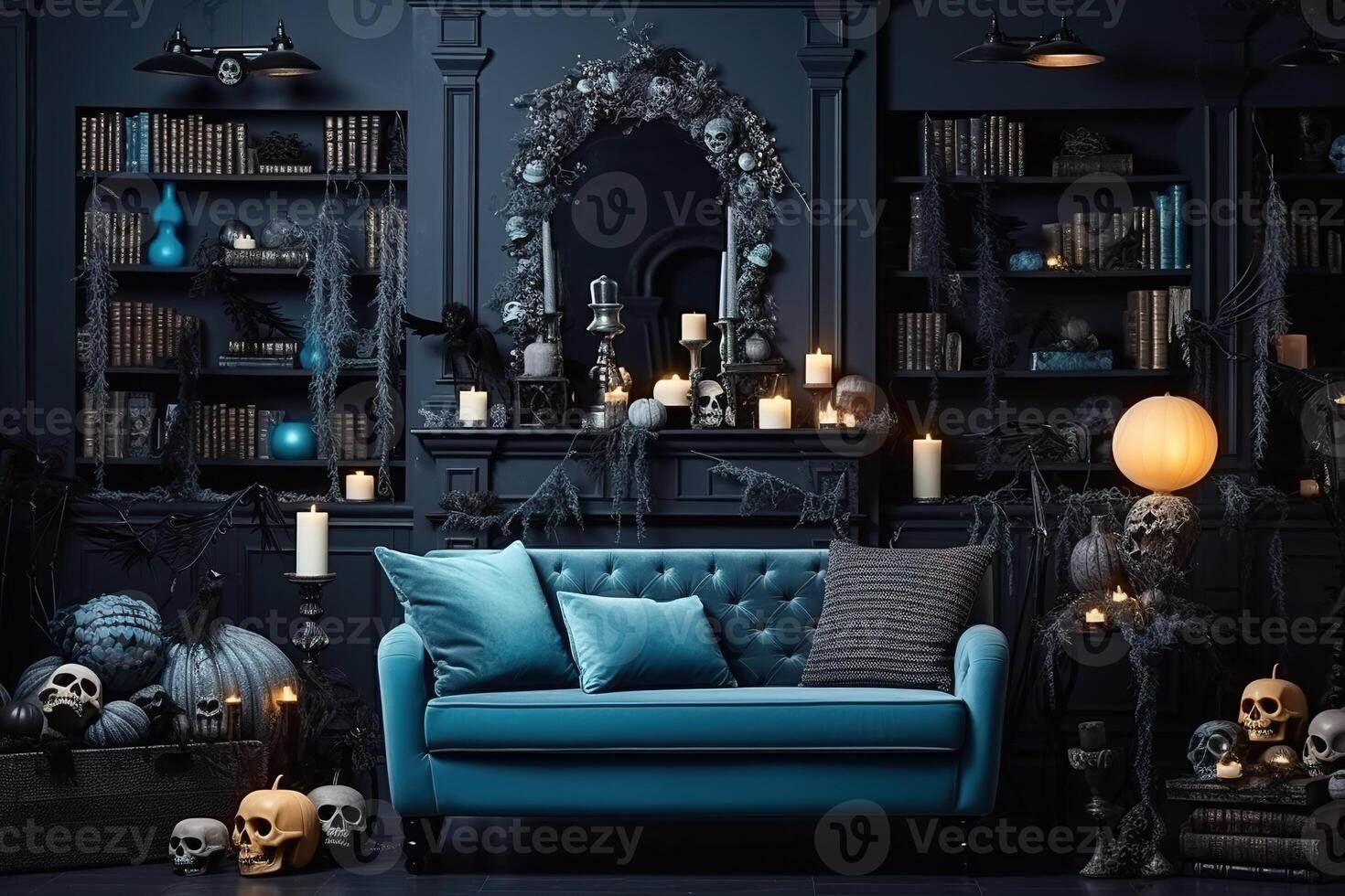 blauw afgezwakt leven kamer interieur met halloween decoraties. achtergrond voor halloween. generatief ai foto