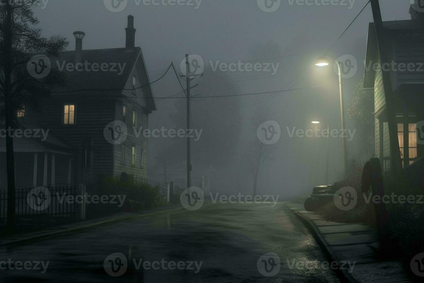 leeg verlichte geest stad- straat lampen verlichting omhoog de weg door de bomen en dorp in een mist Aan een regenachtig herfst dag, straat lantaarns. Engels platteland scènes. generatief ai foto