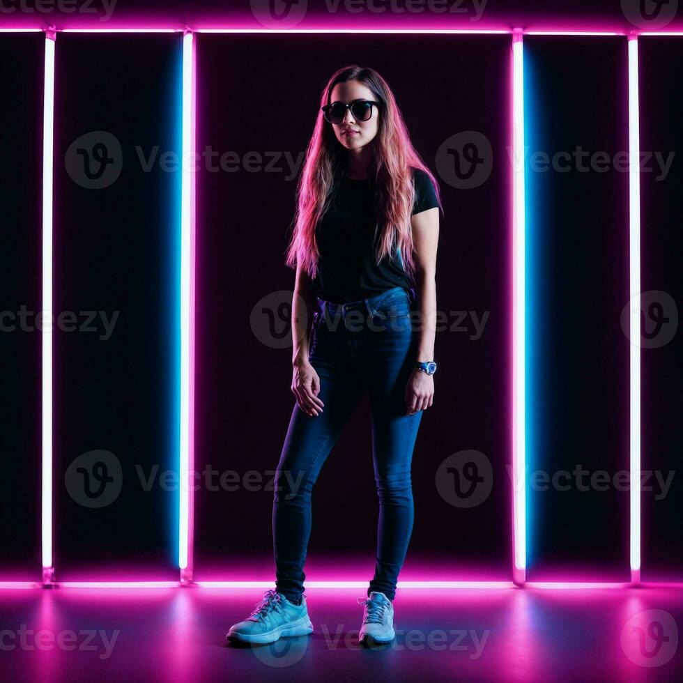 foto van mooi vrouw met met gemengd roze en blauw neon licht, generatief ai