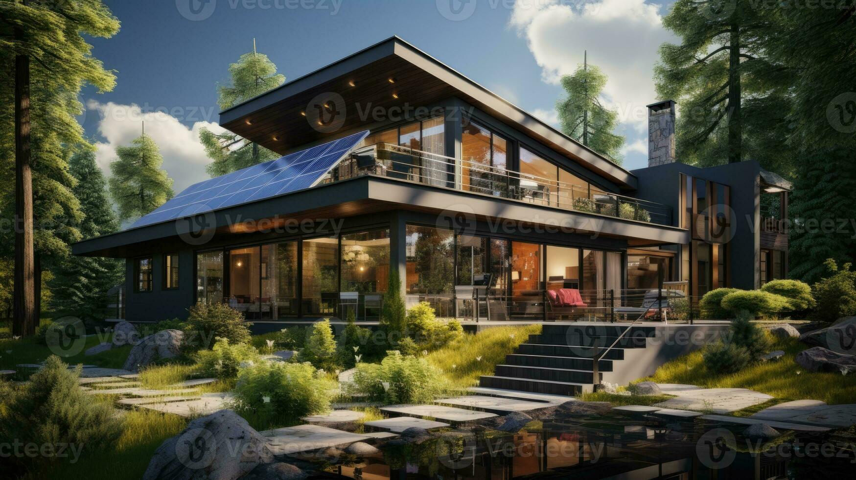 moder huis met fotovoltaïsche panelen Aan huis. foto