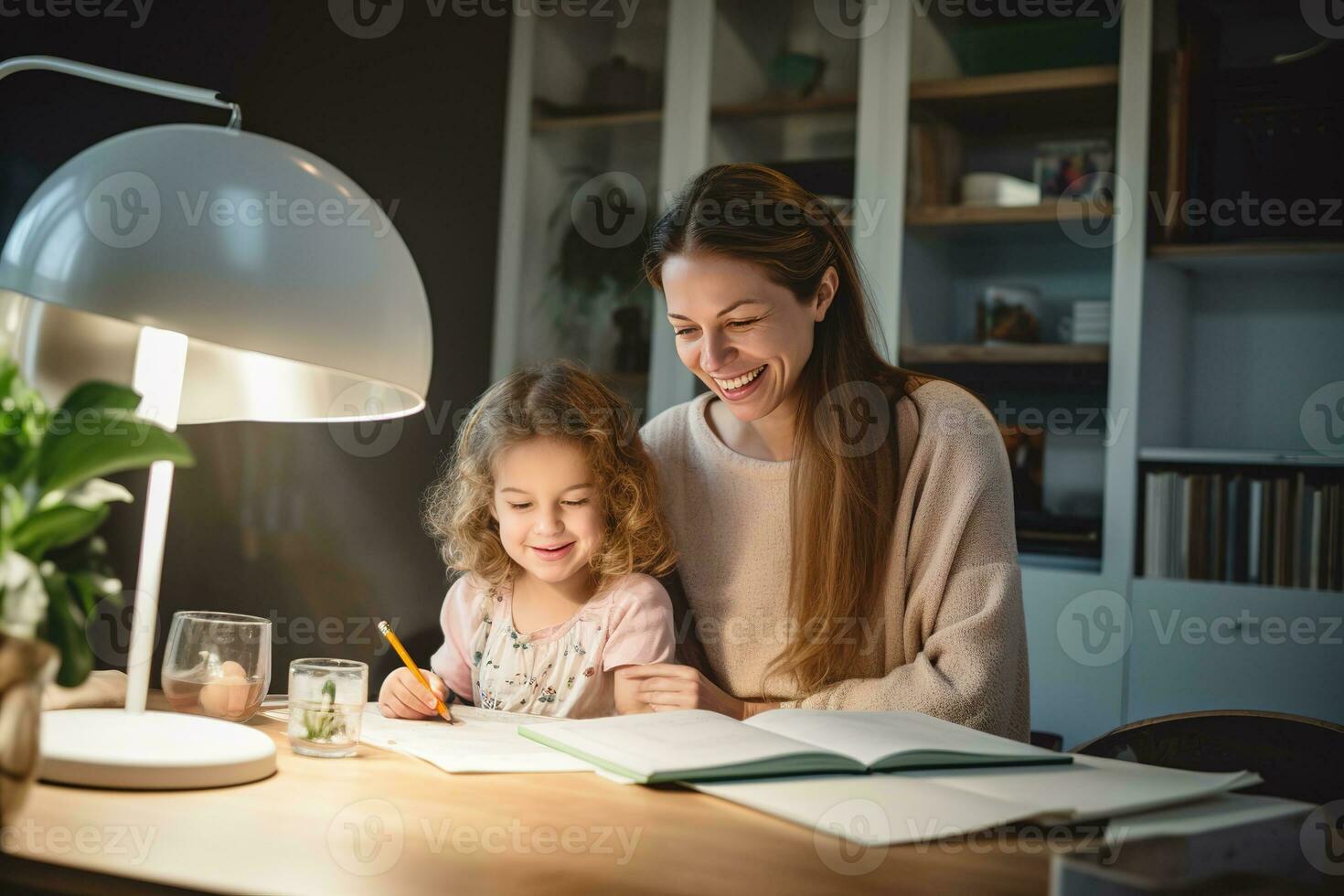 gelukkig kind en volwassen zijn zittend Bij bureau. meisje aan het doen huiswerk of online onderwijs. generatief ai foto