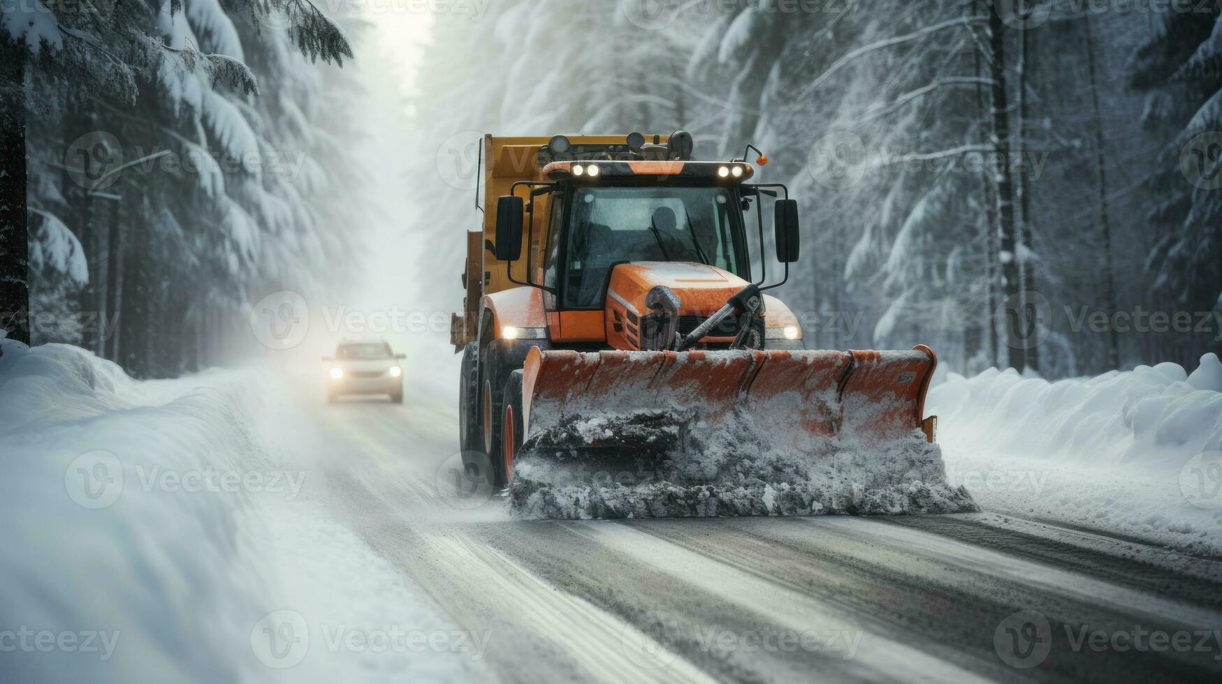 winter sneeuw verwijdering Aan de weg met een graafmachine generatief ai foto