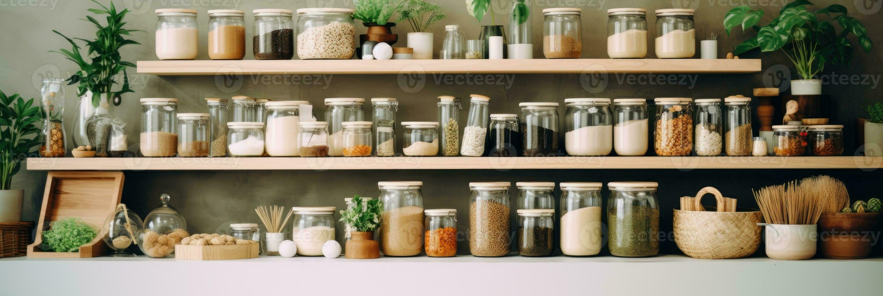 achtergrond van interieur in nul verspilling winkel. producten in plastic vrij kruidenier op te slaan. foto