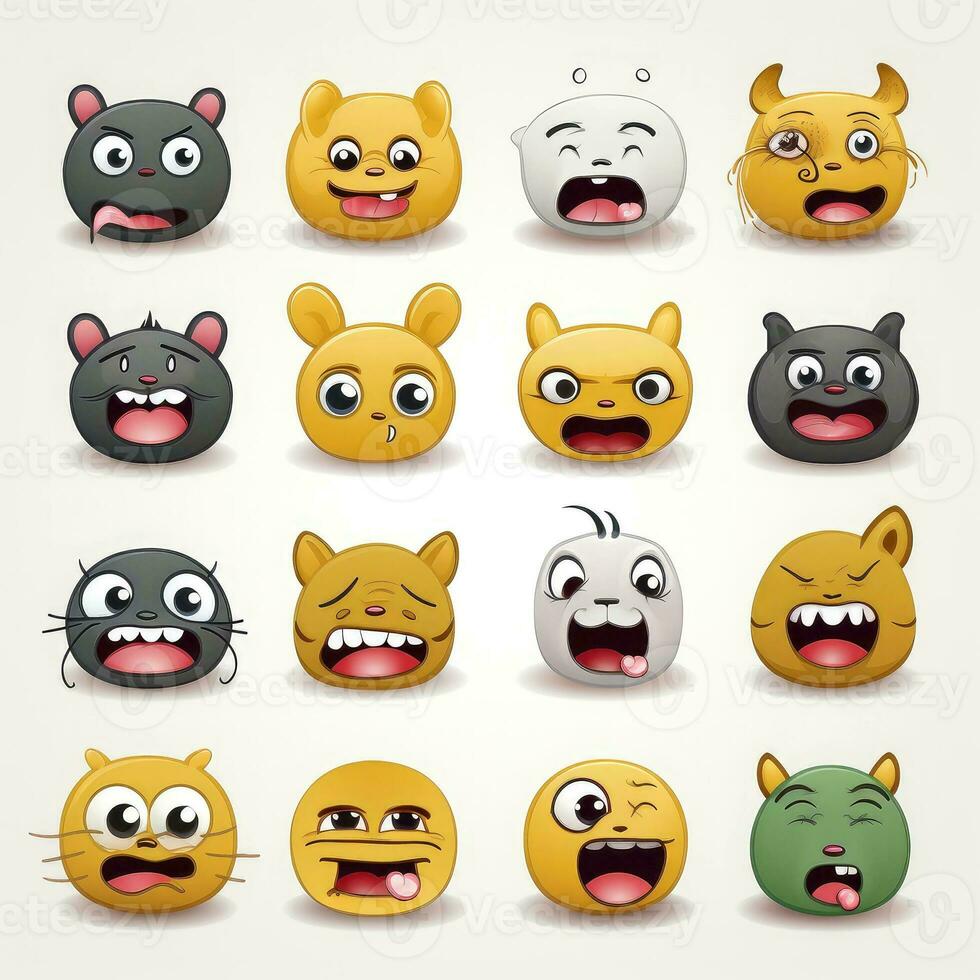 reeks van dier gezichten, gezicht emoji's, stickers, emoticons, tekenfilm grappig mascotte tekens gezicht set, generatief ai illustratie foto