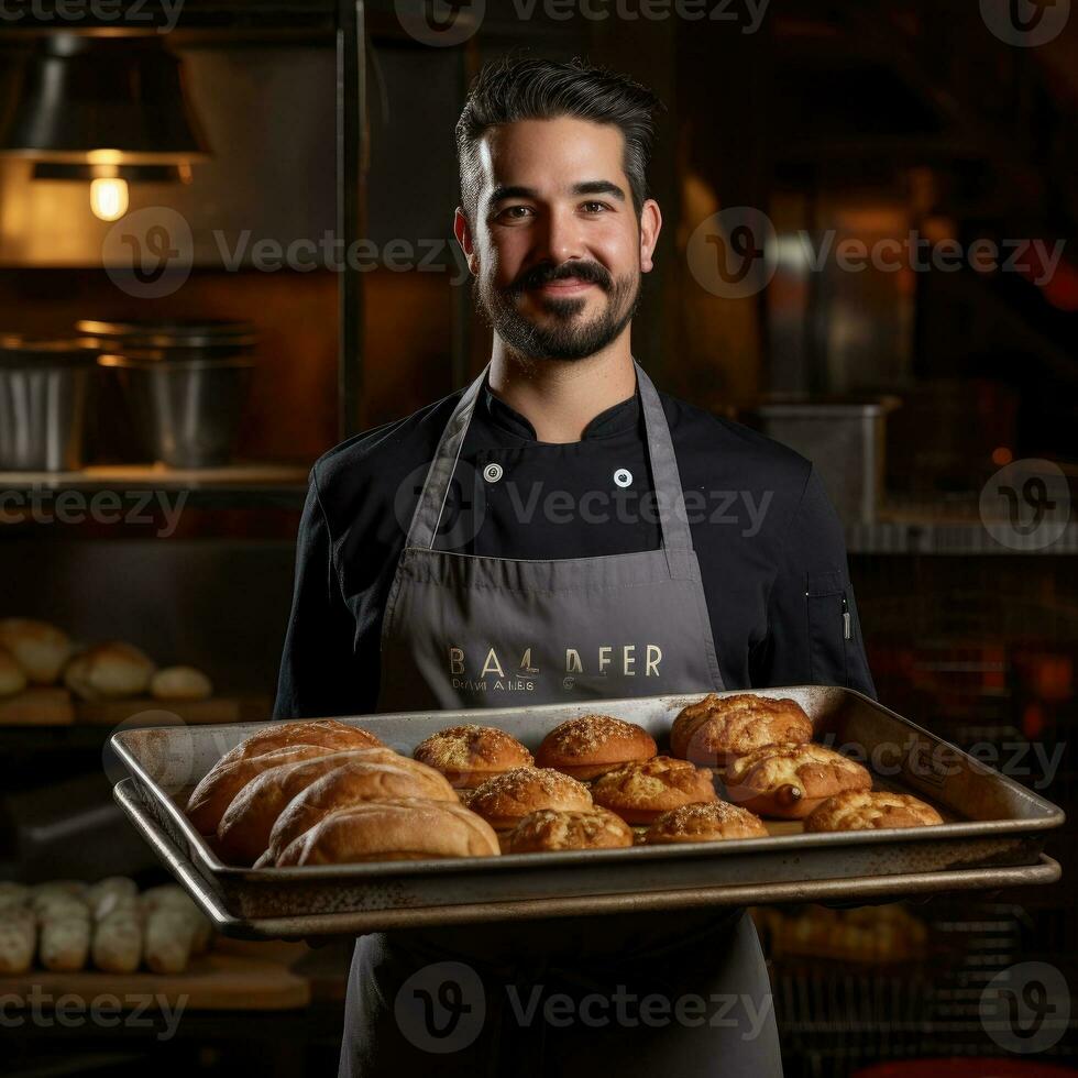 bakker Holding een dienblad vol van brood binnen een bakkerij foto