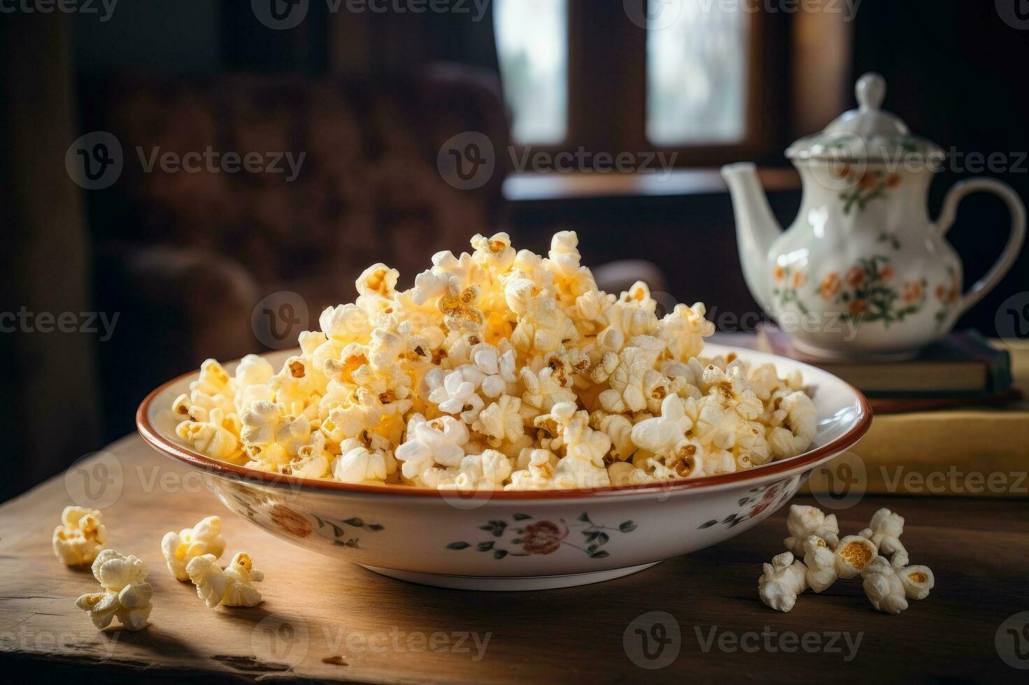 popcorn in een kom Aan de tafel. generatief ai foto