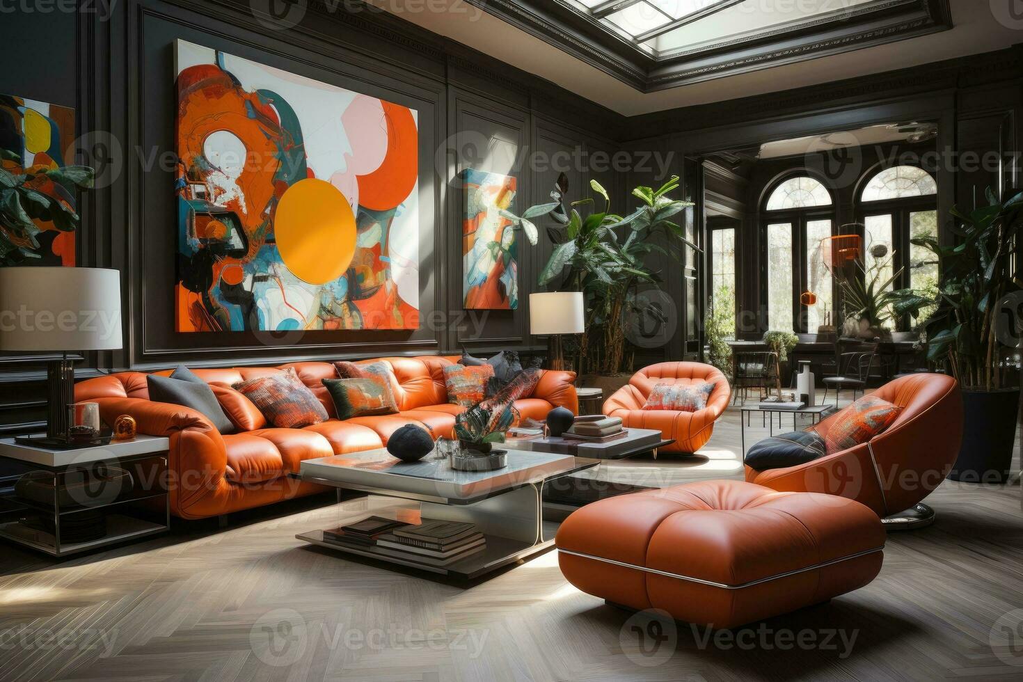 modern leven kamer met oranje sofa foto