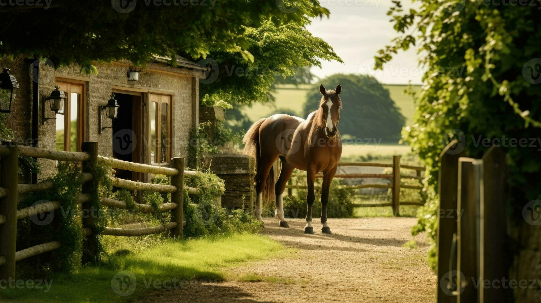 paard boerderij met groen landschap foto