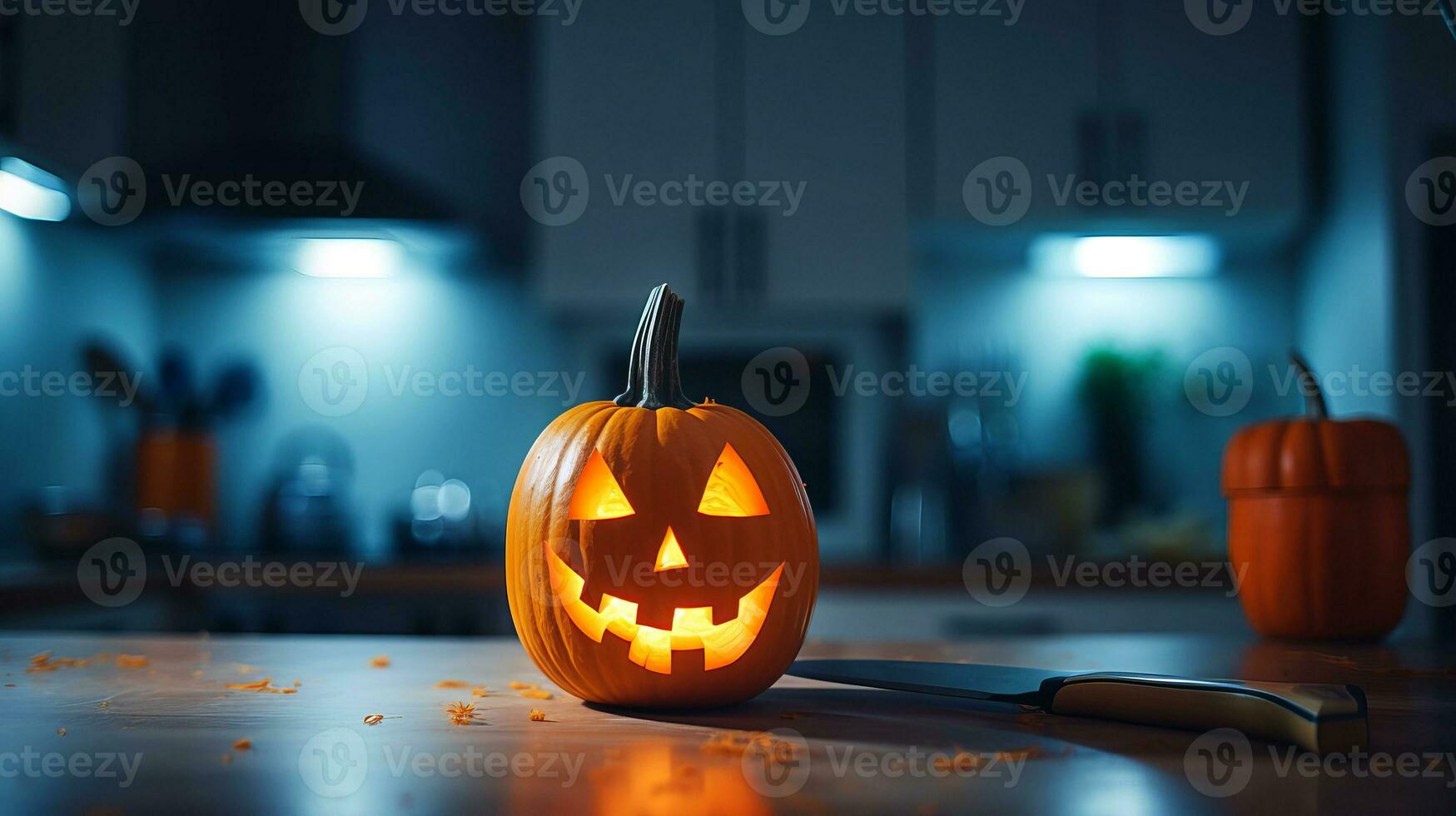 pompoen jack-o-lantern Aan de keuken tafel. sinister atmosfeer. ai gegenereerd. foto